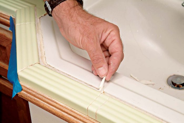 Pull and peel away any old caulk that comes out with ease.